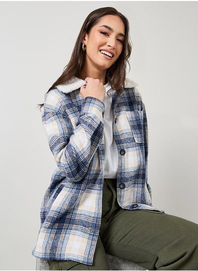 Buy Oversized Wool Like Checked Shacket With Faux Fur Collar in Saudi Arabia