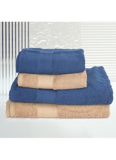 اشتري 4 Piece Bathroom Towel Set NEW GENERATION 450 GSM 100% Cotton Terry 2 Bath Towel 70X140 cm & 2 Hand Towel 50x90 cm Blue & Brown Color Soft Feel Super Absorbent في الامارات