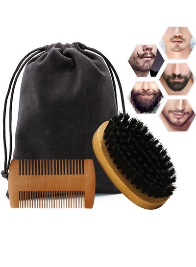 Buy Beard Comb and Brush Set: Bristle Brush, Wood Combs, Grooming, Mustache Brush, Velvet Travel Pouch in Saudi Arabia
