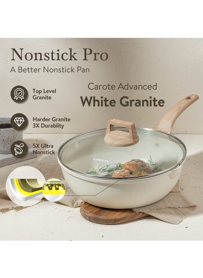 Buy CAROTE 12Inch Nonstick Deep Frying Pan with Lid, 5.5 Qt Jumbo Cooker Saute Pan with Pour Spout, Skillet Induction Cookware, Non Stick Cooking Pan Kitchen Pan PFOA Free, White Granite in UAE