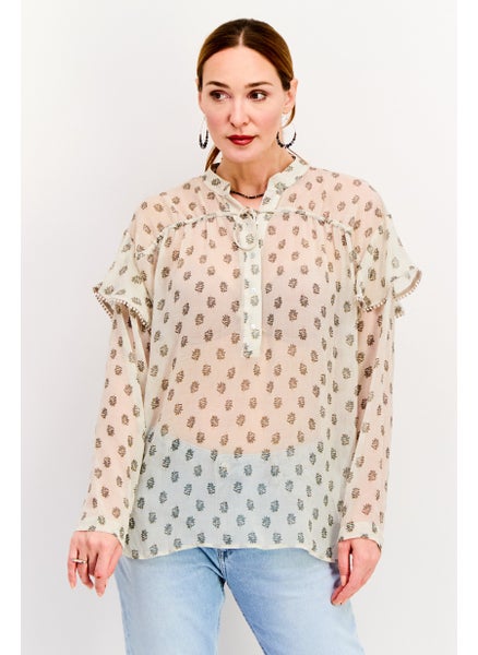 اشتري Women Split Neckline Allover Print Long Sleeve Top, Off White في الامارات