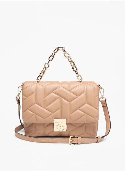 Buy Quilted Satchel Bag with Flap Closure and Adjustable Strap in UAE