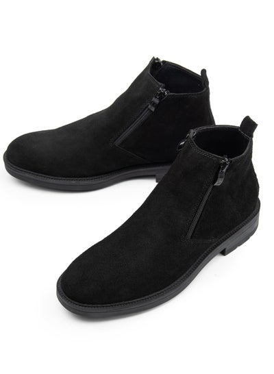 Buy Half-boot shoes made of natural suede and a medical rubber sole with a zipper on the sides, black color in Egypt