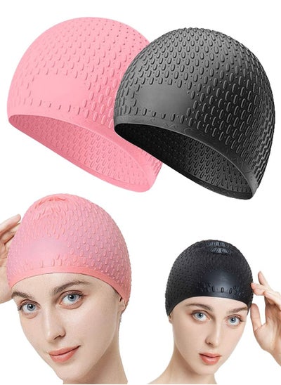 Buy Pack Of 2 Silicone Swim Cap, 3D Ergonomic Beautiful Design for Men, Girls, Ideal for Curly Short Medium Long Hair, Protecting Hair from Chlorine, Bacteria, Sand in the Water, Odorless And Comfortable in Saudi Arabia