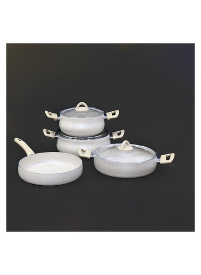 Buy Granite engraved aluminum cookware pots and pans set, with a modern design, of 7 pieces in Saudi Arabia