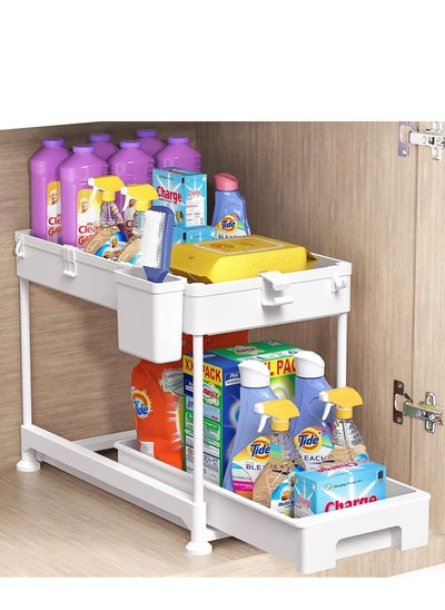 Buy Under Sink Organizer, Sliding Cabinet Basket Organizer 2 Tier Under Bathroom Storage Rack with Hooks, Hanging Cup, Dividers, Multi-purpose Storage Shelf for Bathroom Kitchen (WHITE) in Saudi Arabia