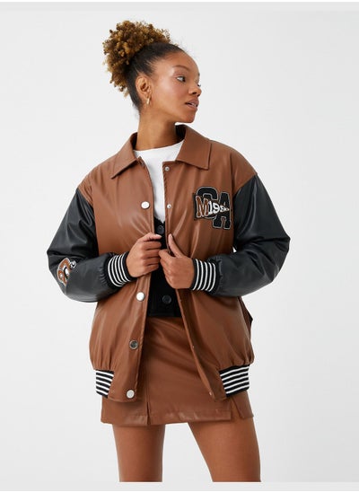 اشتري Varsity Jacket Faux Leather Applique Detail في الامارات