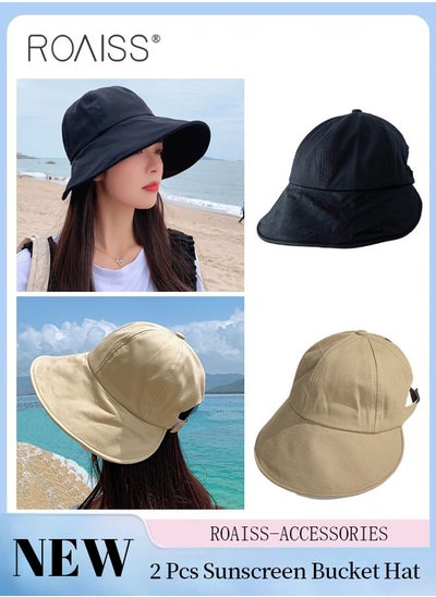 Buy 2 Pcs Sunscreen Bucket Hat for Women Wide Brim UV Protection Sun Hat Spring Summer Casual Travel Adjustable Packable Baseball Cap Ponytail Comfort Black and Khaki in UAE