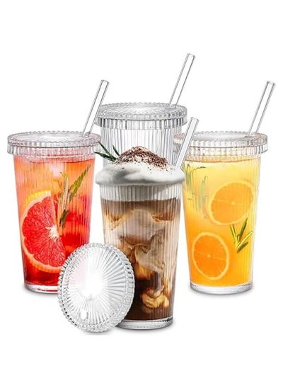 Buy Glass Cups with Lids and Straws, 4Pcs Drinking Glasses 12 oz Iced Coffee Cup, Glass Tumbler with Cleaning Brushes Tumbler Cup for Soda Boba Tea Cocktail Whiskey Water in Saudi Arabia