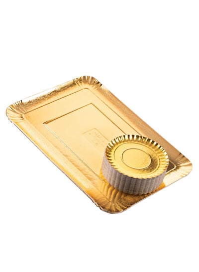 Buy Pack of 1 Large thick serving tray and 12 gold paper plates in UAE