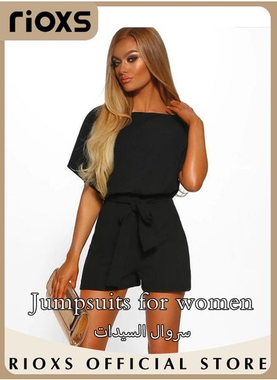 Buy Women's Elegant High Waisted Belted Jumpsuit Solid Trendy Short Sleeve One Piece Playsuit With Shorts in Saudi Arabia