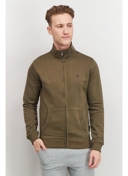 Buy Men Mock Neckline Long Sleeves Brand Logo Sweatshirt, Khaki and Olive in UAE