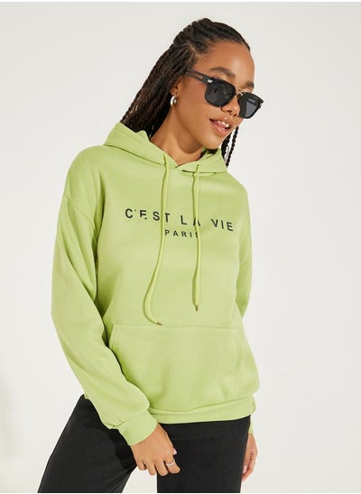 Buy Regular Fit Slogan Hoodie with Dropped Shoulder in Saudi Arabia