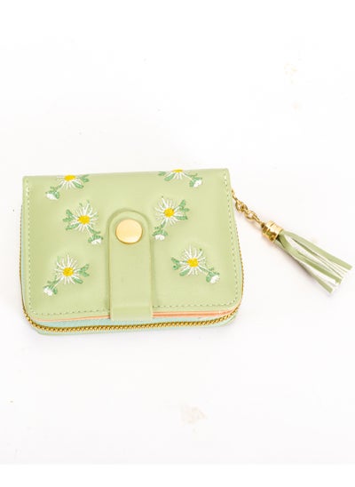 Buy Leather Flip Wallet & CardHolder with 9 Pockets and Zipped Pocket Flowery Green Mint in Egypt