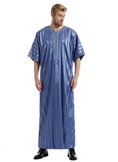 Buy Men's Solid Color Short Sleeve Kandora Islamic Arabic Embroidery Kaftan Robe Light Blue in Saudi Arabia