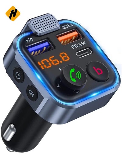 Buy New Design Car FM Transmitter, Wireless Bluetooth 5.0 Radio Adapter Car Kit, PD3.0 Type C 20W+QC3.0 Car Fast Charger, Hands Free Calling, Bass Lossless Hi-Fi Sound Support U Disk in UAE