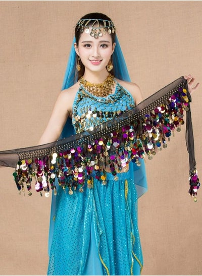 اشتري Colorful Sequin And Coins Pendant Waist Chain Skirt Sparkly Belly Dance Tassel Waist Wrap Belt Skirts Party Rave Costume Black Mix في الامارات