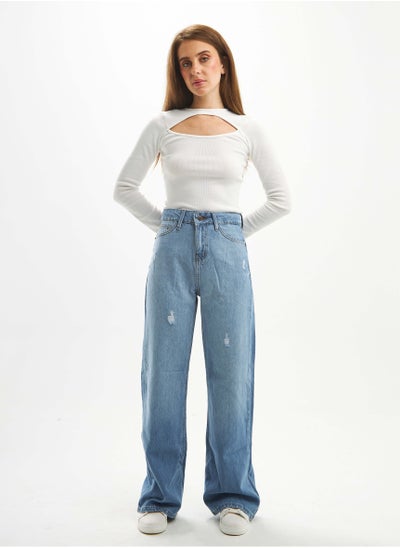 اشتري High-Waist Light Wash Degrade Ripped Straight Wide Leg Jeans. في السعودية