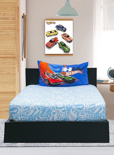 اشتري 2-Piece 144TC Poly Cotton Printed Super Soft Quality Kidz Klub Hot Wheel Fitted Bedsheet Single Set Includes 1xFitted Bed Sheet 120 x 200cm+25cm, 1xPillowcase 50x75cm في الامارات