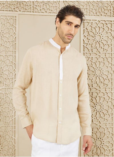 Buy Premium Cotton Slub Contrast Mandarin Collar Regular Fit Shirt in Saudi Arabia