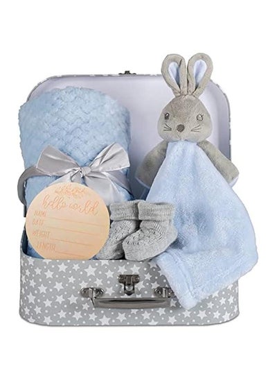 اشتري Baby Boy Gift Set New Born Baby Gifts Baby Blue Bunny Security Blanket Soft Fleece, Suitcase Keepsake Box Blanket Booties & Baby Gift Basket – Unique Present for Baby Shower & Newborn Lovey Welcome في الامارات