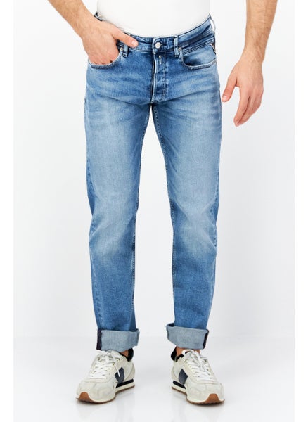 Buy Men Straight Fit Stretchable Washed Denim Jeans, Light Blue in UAE