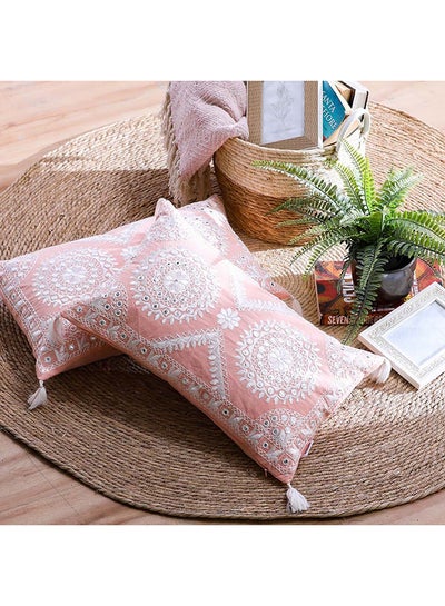 اشتري Gleam 100% Cotton Sheeting Embroidered Filled Cushions Decorative Lightweight Square Throw Pillow For Sofas Couches Beds For Living Room L 30 x W 50 cm Peach في الامارات