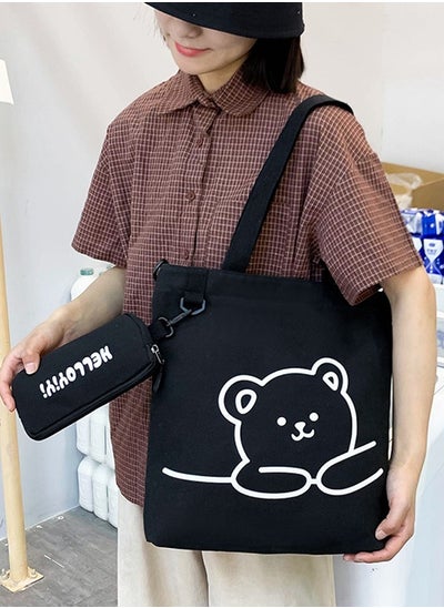 Buy Lovely Bear Printed Student Shoulder Bag Portable Large Capacity Bookbag Foldable Tote Canvas Bag with Pencil Pouch Black in UAE