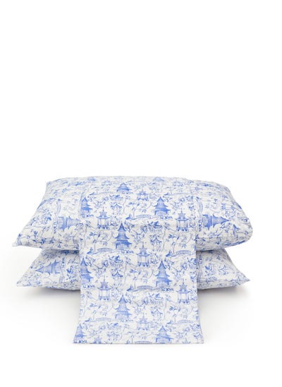 Buy Printed Bed Set - 5 Pieces for Double Bed - 1  Flat Sheet (240cm*260cm) + 4 Pillow Cases (50cm*70cm) -  100% Saten Cotton - White * Blue Houses in Egypt