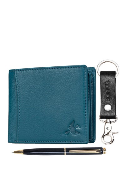 Buy Themes Mens Leather Wallet, Keyring & Pen Combo Gift Set for Men | Wallet Men Leather Branded, Aqua, Casual in UAE
