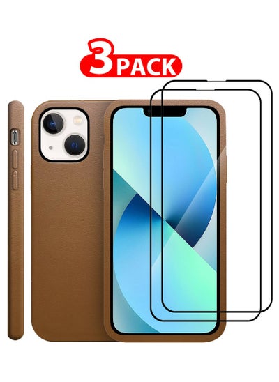 اشتري 3 Packs For iPhone 13 Case and 2 Screen Protectors Mag Noble Collection Genuine Leather Case Wireless Charging Compatible Full Coverage Cover Brown في الامارات