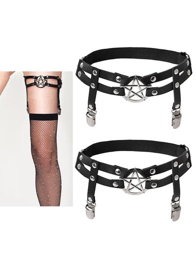 اشتري Women Adjustable Leather Thigh Garter, 2PCS Star Shaped Leg Garter With Clips Punk Goth Garters For Thigh-high Socks في الامارات