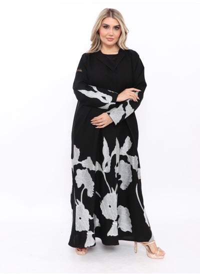 Buy Black abaya with floral print at the bottom and sleeves in Saudi Arabia