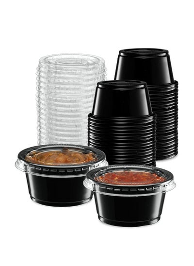 اشتري 100PC 2 Ounce Plastic Disposable Portion Cup Containers with Lid Sauce Jello Shot Soufflé Sampling Cups Black في الامارات