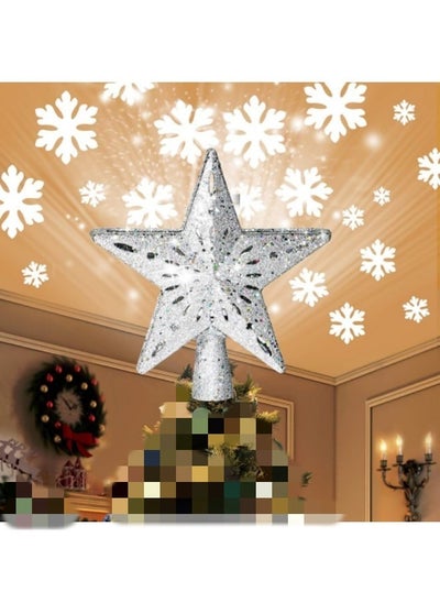 Buy Decoration Tree Topper Silver Star Glittered, Rotating 3D Hollow LED Snowflake Projector Light for Holiday Decoration in UAE