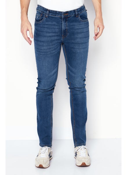 Buy Men Straight Fit Washed Stretchable Jeans, Navy in Saudi Arabia