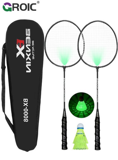 Buy 1 Pairs LED Badminton Rackets Set with 2 LED Glowing Badminton Balls and Carrying Bag Included, Glow in The Dark Badminton Racket Set Led Tennis Racket Set with 2 Light-up Badminton Balls in Saudi Arabia