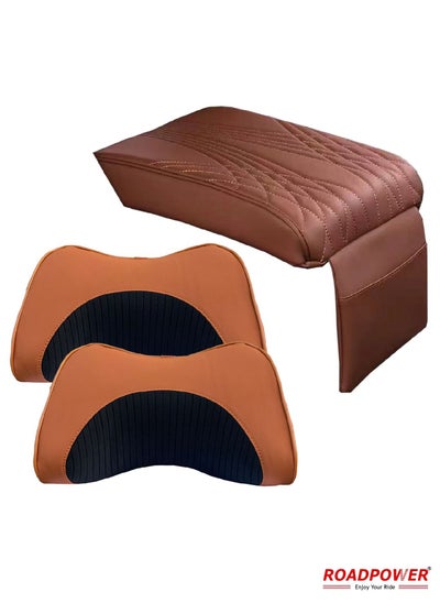 Buy Set Of Car Armrest Cushion And Car Pillow Neck For SUV/Truck/Vehicle Brown 3pes in UAE