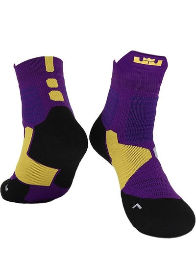 Buy Basketball Sock for Men & Boys, Cushioned Athletic Breathable Mid Socks, Outdoor Athletic Running Professional Thick Socks Purple/Yellow/Black in Saudi Arabia