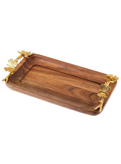 Buy Beech wood serving tray with metal handles, golden butterfly decor in Saudi Arabia