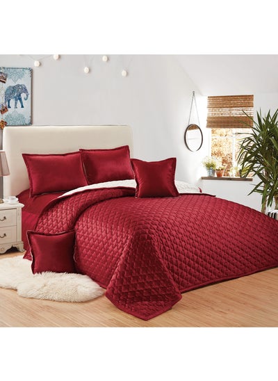 Buy 6 Pieces Dual Color Comforter Set For All Season King Size 220x240 Cm Velvet Bedding Set Geometric Quaterfoil Cloud Stitched Design Red White in Saudi Arabia