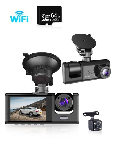 Buy Dash Camera 1080P High-definition Three-lens Driving Recorder 64GB Memory Card Built-in WIFI Loop Recording 170-degree Wide Angle In-car Adjustable Lens Dash Cam in Saudi Arabia