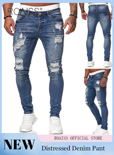 Buy Men'S Fashionable Ripped Tight Jeans Casual Versatile Elastic Pencil Pants With Classic Five Pocket Design in UAE