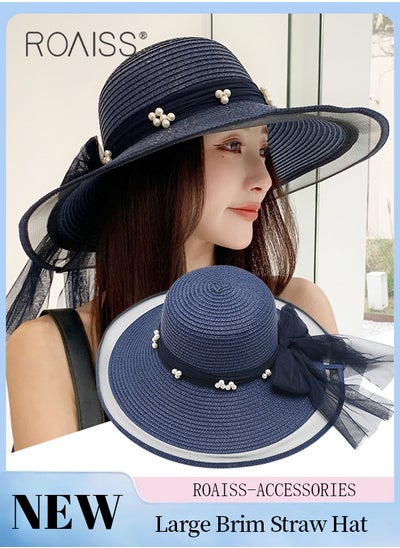 Buy Wide Brim Sun Hat Foldable Sun Visor Pearl Yarn Ribbon Bow Decor Summer Beach Straw Hat for Women Navy Blue in UAE