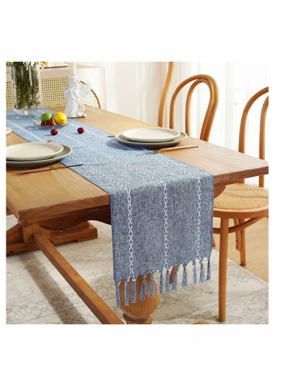 اشتري Table Runner, Rustic Linen Table Runner with Handmade Tassel, Embroidered Farmhouse Style Table Runners 90 Inches Long for Party and Dining Room Dining Holiday Decorations, 13 x 90 Inch, Blue في الامارات