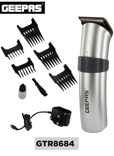 Buy GEEPAS Professional Hair Clipper Electric And Beard Trimmer With High Capacity Battery, Includes 5 Comb Attachments, Brush, Oil Stainless Steel Blade And Sharp Adjustable Cordless Using GTR8684 in Saudi Arabia