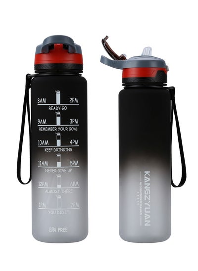 Buy Straw Sports Water Bottle With Time Marker for Fitness Gym Camping Outdoor Sports Protein Shaker Outdoor Travel Portable Leakproof Drinkware Drink Bottle BPA Free 1000mL Black White in UAE