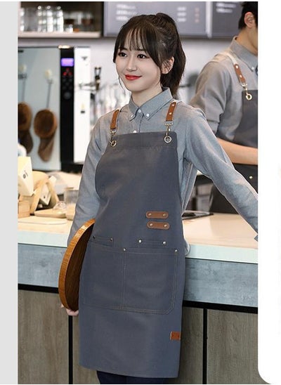 Buy Cross Back Apron with Adjustable Straps and Large Pockets Canvas Waterproof Fabric Chef Apron Kitchen Cooking Baking Hairstylist Woodworking Welding Carpenter Work Bib Apron Grey in Saudi Arabia