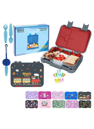 Buy Snack Attack Lunch Box for Kids School Grey And Red, Bento Lunch Boxl 4/6 Convertible Compartments | BPA Free And Leak Proof (Grey And Red Train) in UAE