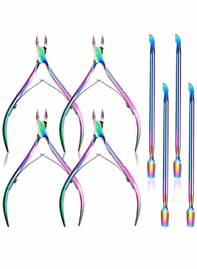 Buy Cuticle Trimmer with Cuticle Pusher, Stainless Steel Cuticle Nippers Remover Cuticle Nipper Cuticle Scissors Remover Manicure Pedicure Tools for Fingernails and Toenails (8 Pcs, Rainbow Color) in UAE